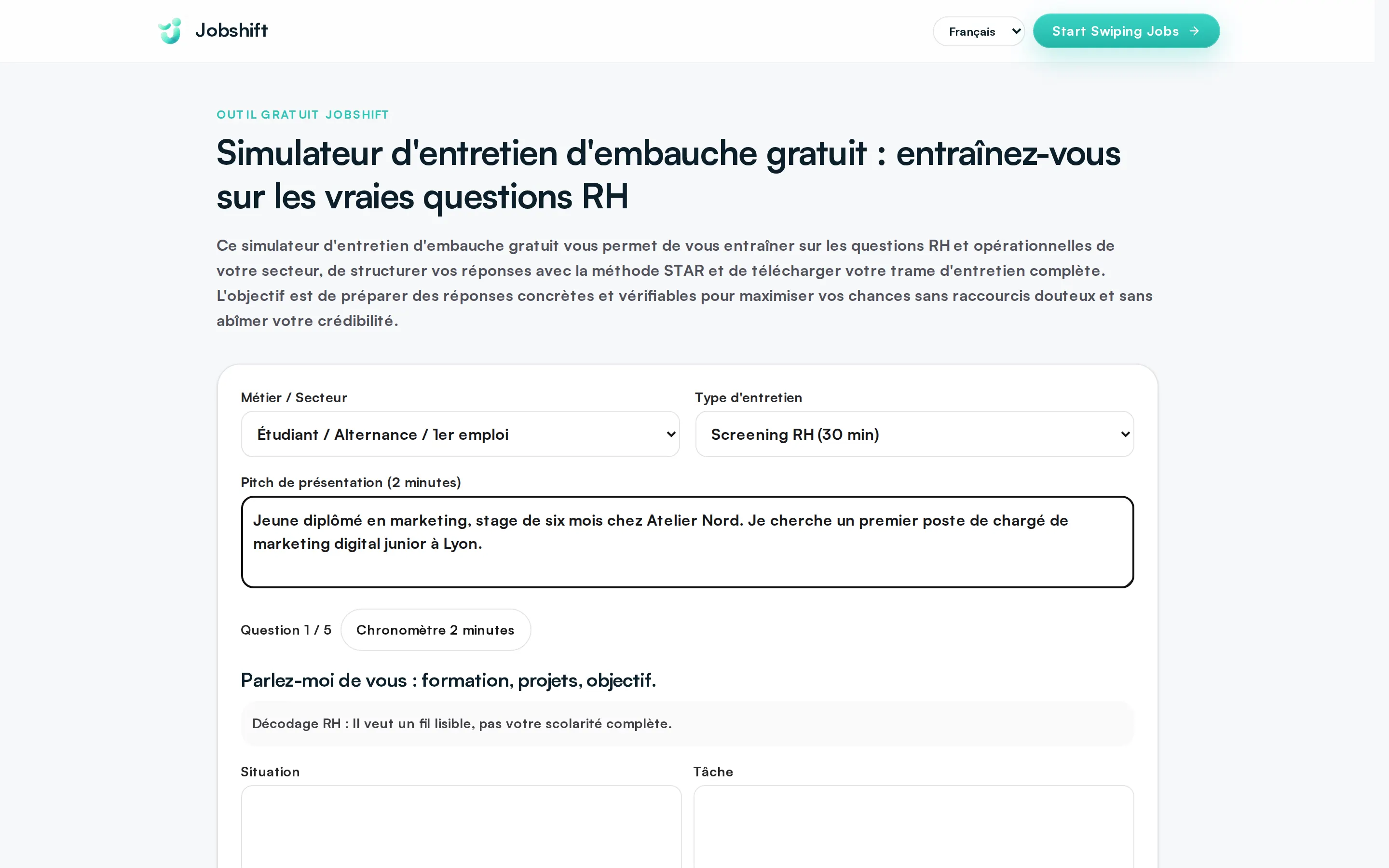 Le simulateur d'entretien gratuit de Jobshift génère des questions adaptées au poste visé pour s'entraîner avant un premier entretien.