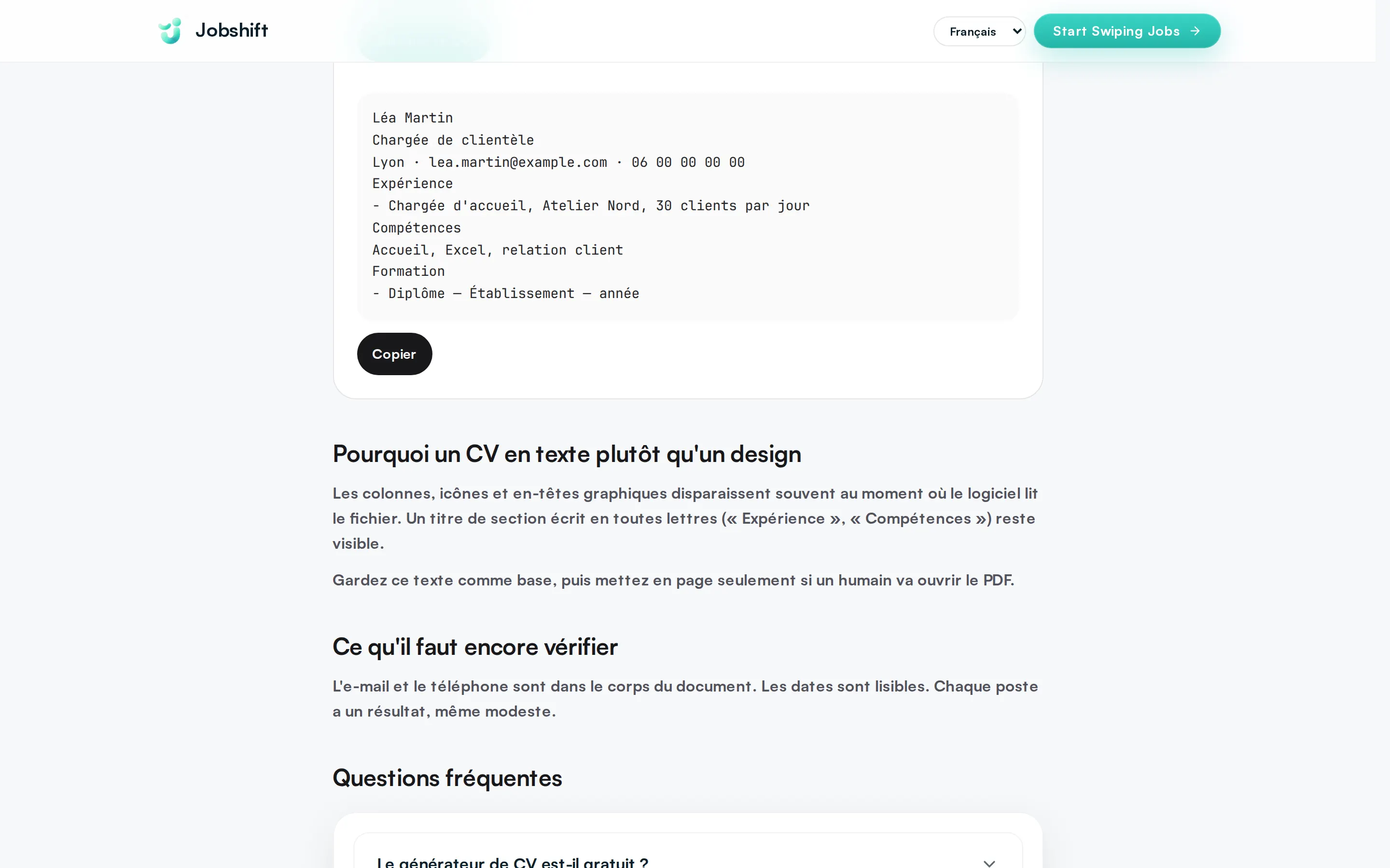 The resume in Jobshift, reviewed before it is sent.