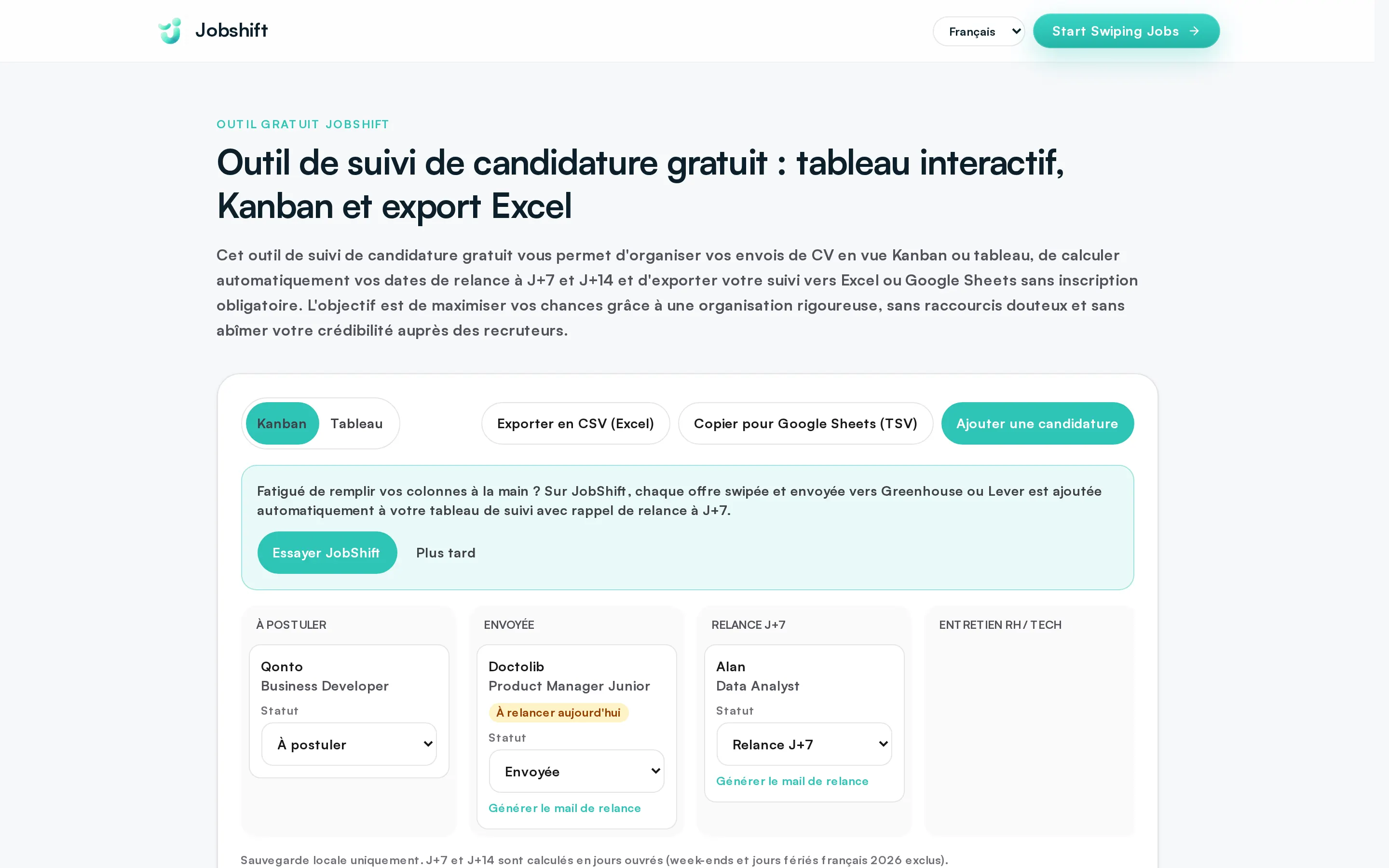 The application tracker in Jobshift.